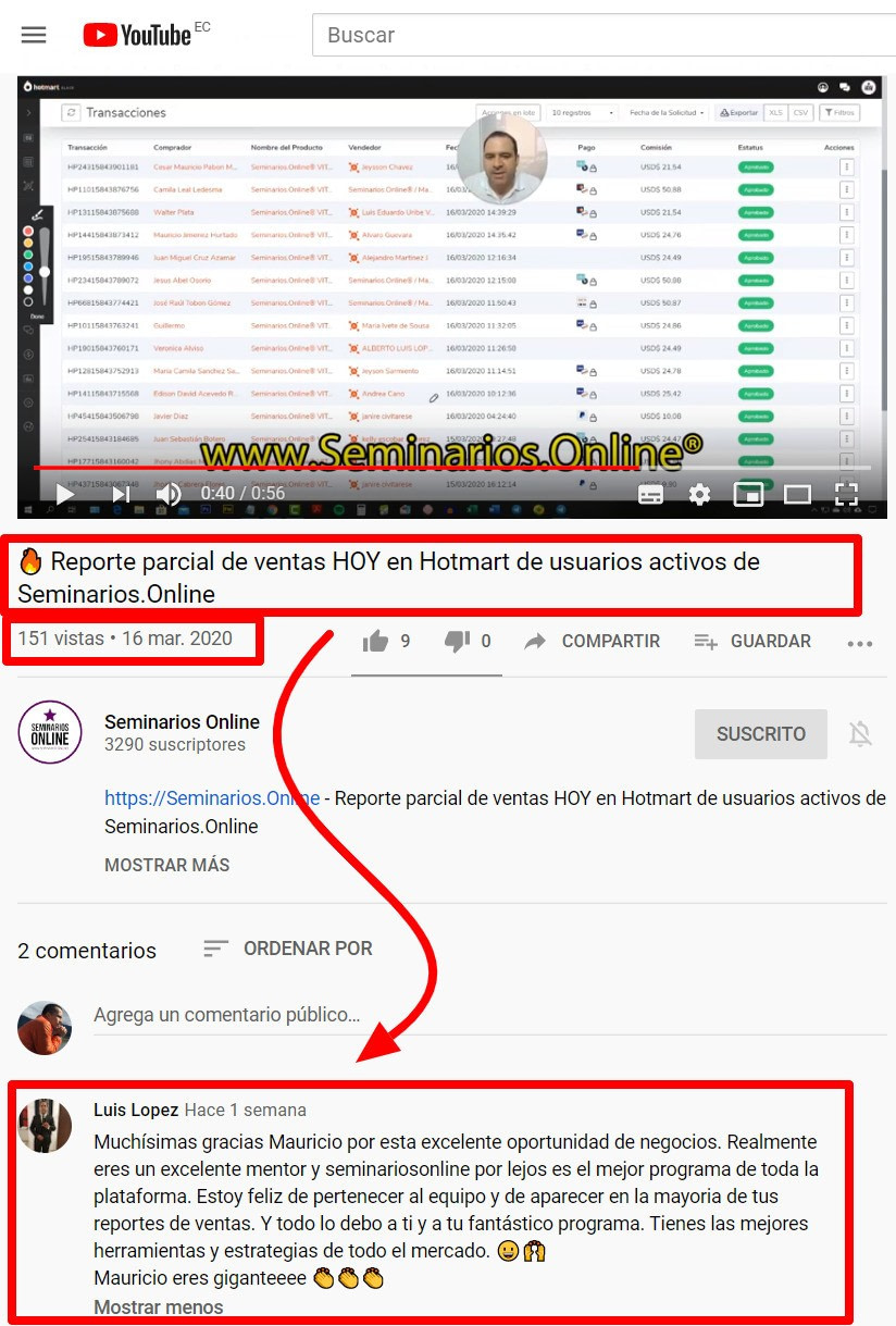 Comentario positivo Seminarios online reporte diario de ventas
